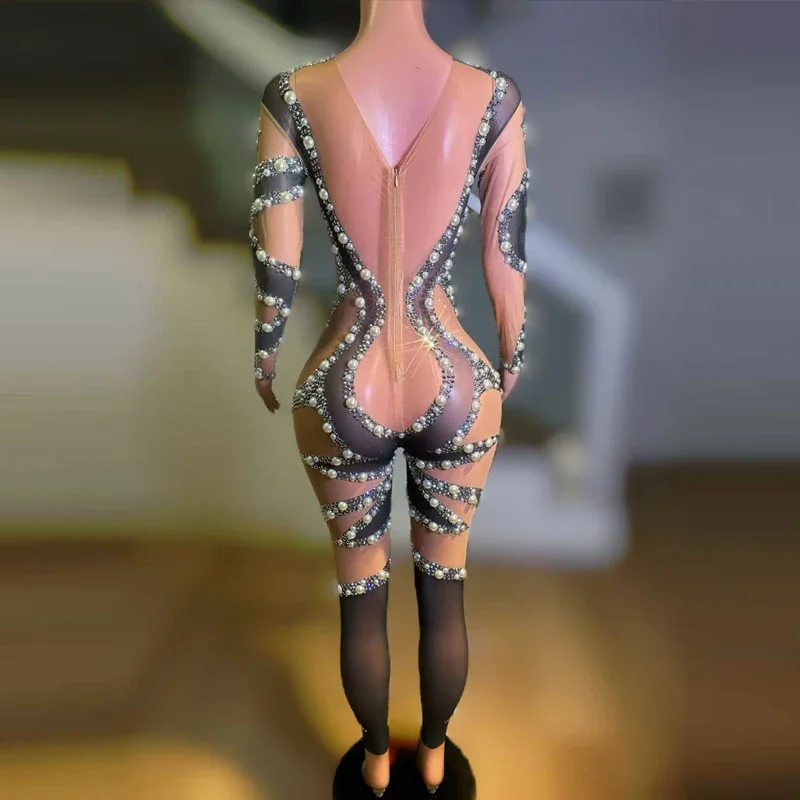 Nightclub  Dj Party Gogo Costume Fake Hollow Mesh Pearls Jumpsuit Women Pole Dance Clothing Singer Rave Outfit
