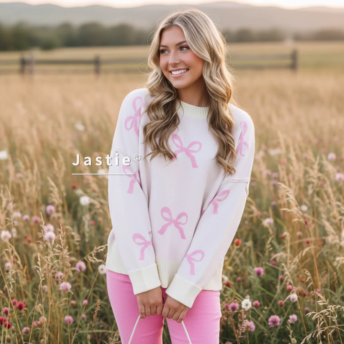 

Женский свитер оверсайз с бантом и принтом, белый и розовый, контрастный, с круглым вырезом, свободный вязаный топ для повседневного пуловера в стиле бохо