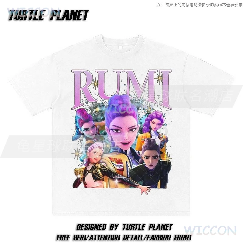 Anime K-Pop Demon Hunters Rumi Cosplay Oversize Washed T-shirt Women Men Vintage O-Neck Short Sleeve T-Shirt