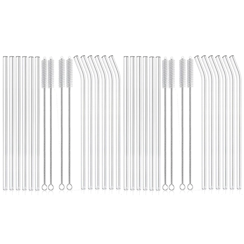 

24PCS Reusable Clear Glass Straws Shatter Resistant Glass Drinking Straw 12 Straight And 12 Bent With 8 Cleaning Brushes