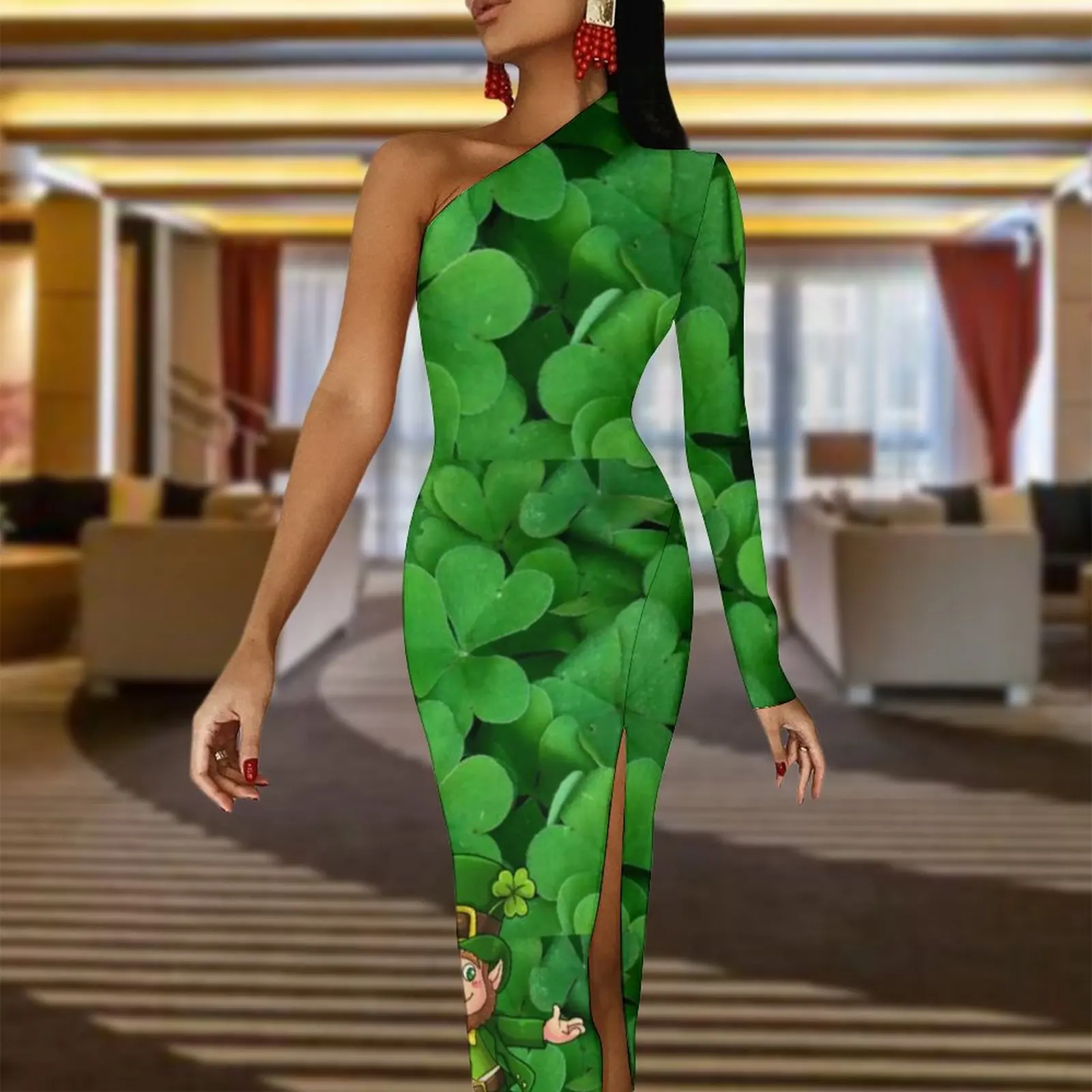 St Patrick's Day Bodycon Dress Saint Patrick Leprechaun Shamrock Kawaii High Slit Long Dresses Long Sleeve Print Party Dress