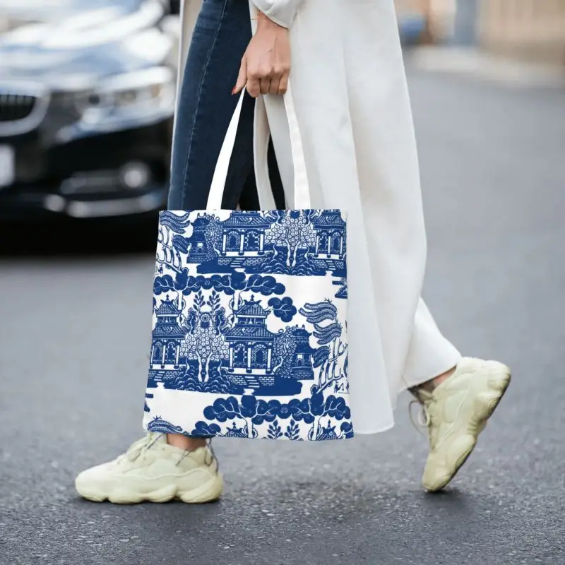 Chinoiserie de sauce azul reutilizable, bolso de compras de inspiración de porcelana azul y blanca, bolso de mano de lona de hombro, bolsas de compras