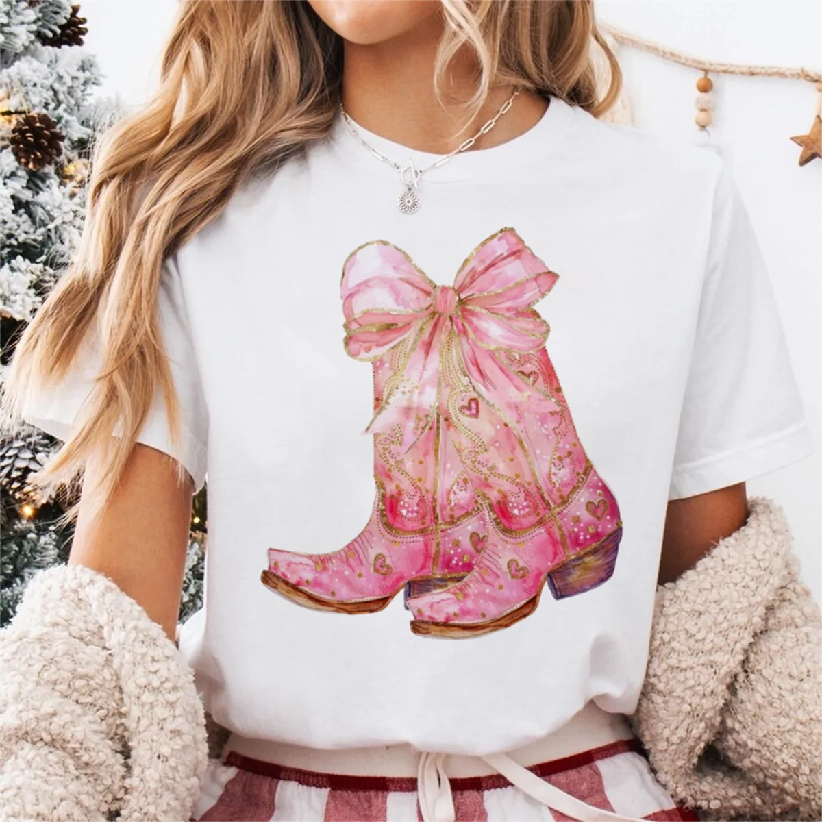 

Trendy Style Short Sleeved T-Shirt Casual Fashion O-Neck Clothing Kawaii Printed Women's Top T-Shirt Boot Pattern Sweet T-Shirt