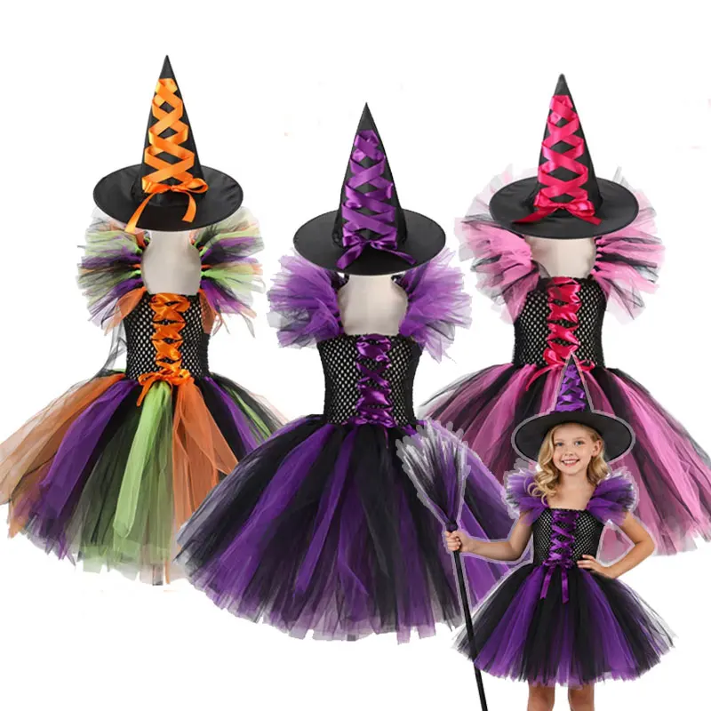 Costume de sorcière pour filles, robe Tutu en Tulle 3 couleurs avec chapeau pointu, robe fantaisie pour fête de carnaval pour enfants