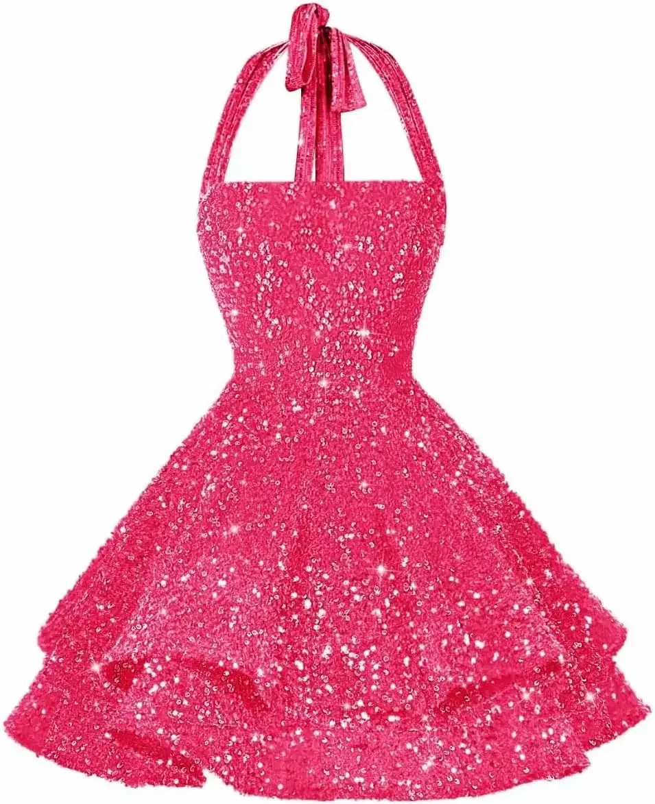 Flower Girl Velvet Sequin Short Homecoming Dress for Teen Sparkly Halter Prom Cocktail Dresses Mini Pageant Dresses for Girls