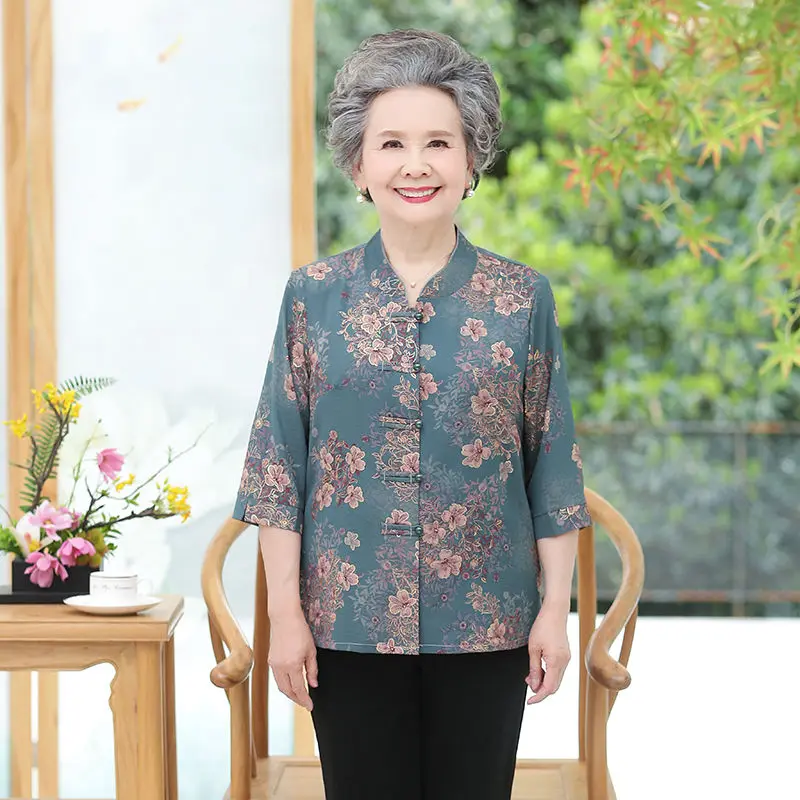 5XL Elderly Women Blouse Spring Summer Three Quarter Sleeves Print Shirts Casual Female Cardigan Tops Grandmother Blusa W2786