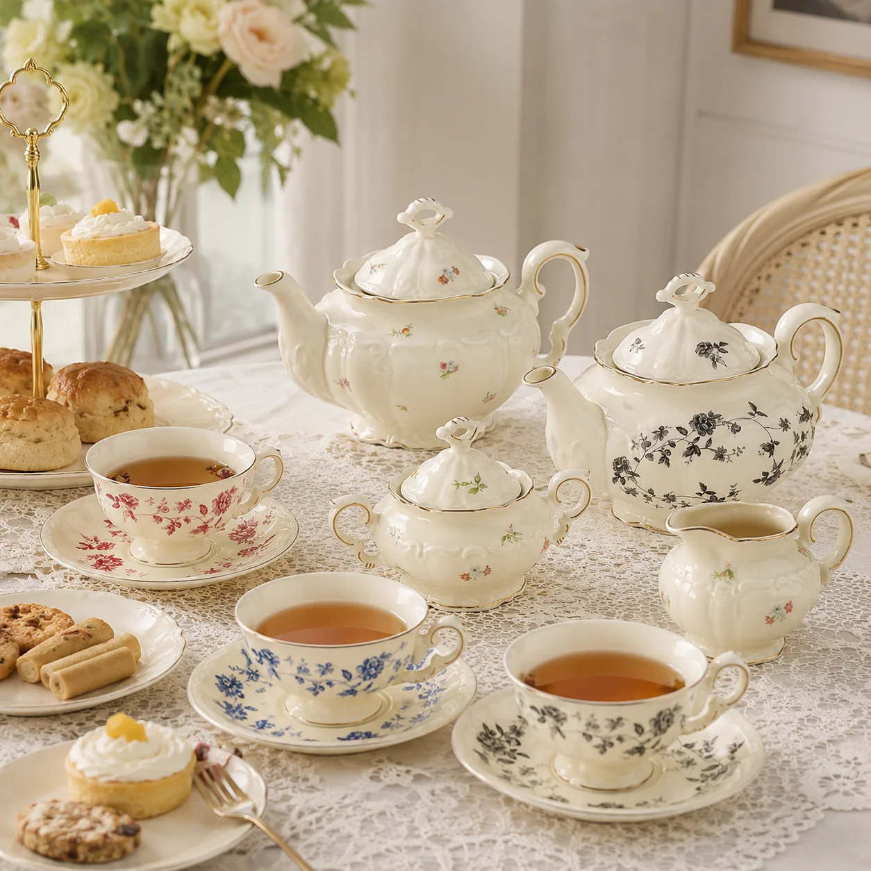 5Pcs/2Pcs/1Pc Vintage Floral Ceramic Tea Set, Gold-Painted Off-White Porcelain Teapot, Tea Cups and Saucers, Sugar Bowl, European-Style Afternoon Tea Party Tableware, Home Decoration Gift