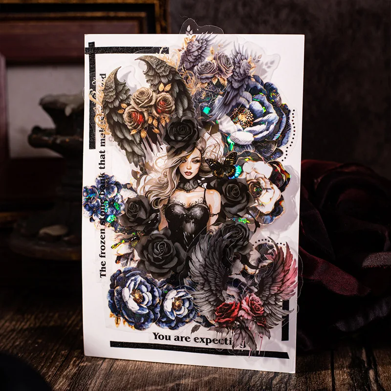 Have a Good Day Gothic PET Stickers, Shadow Wings Series, 4 Different Designs Wing‑Themed Decorative Stickers for Journals