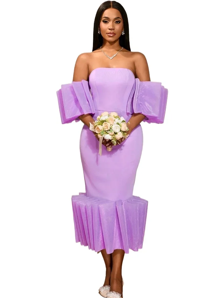 

African Women Elegant Strapless Midi Dress Off Shoulder Backless Package Hip Bodycon Sexy Mid-calf for Wedding Formal Events