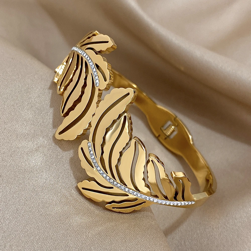 Exquisit Inlaid Rhinestone Feather Leaves Cuff Bracelets Fashion Gold Plated Stainless Steel Smooth Bangles Waterproof Jewelry