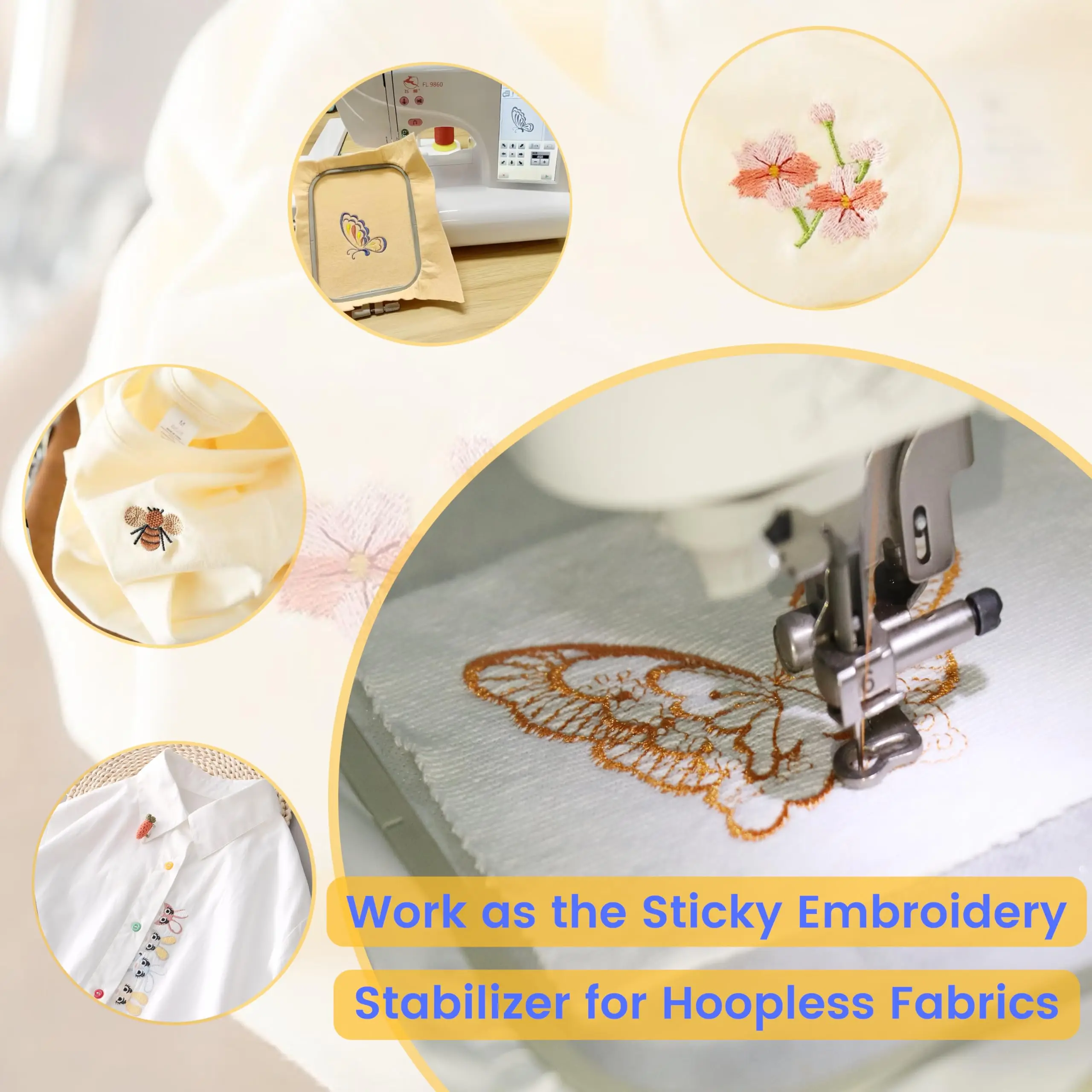 Water-Soluble Printable Embroidery Stabilizer Paper, 5 Sheets 8.3x11.7 Inch, Medium Weight for Hand and Machine Embroidery