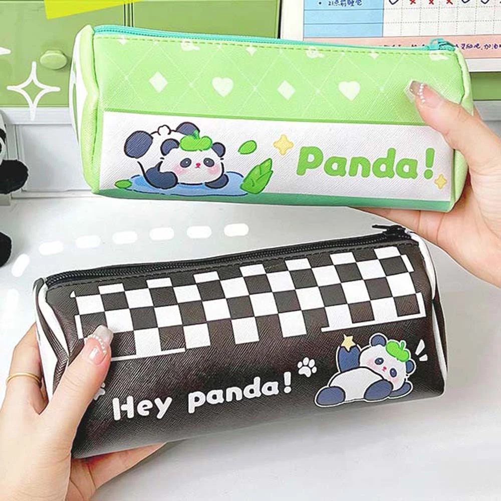 Pencil Pouch Cartoon Panda Pen Bag Korean Style Large Capacity Panda Pencil Case Grid Pattern PU Leather Panda Stationery Bag