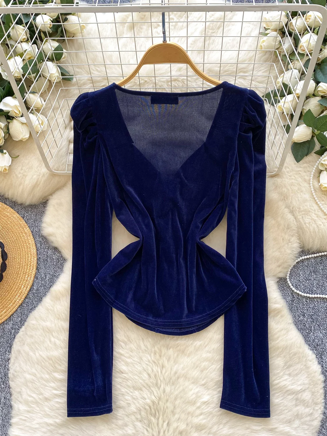 Ele Velvet irt Donna Lungo Sve V-Ne Nodo Dimagrante Strato base versatile Top francese Sle Fibra di poliestere Regular S...