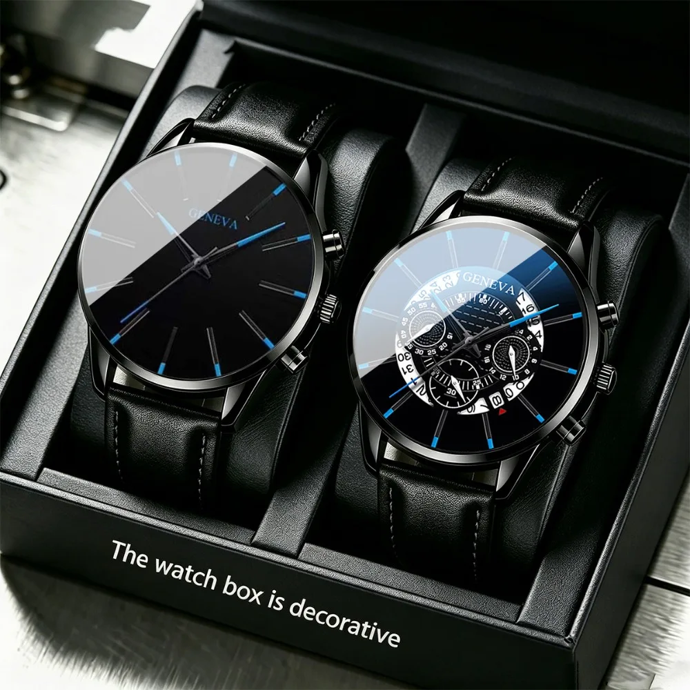 2pcs  Fashion Calendar Style Luxury Men's Faux Leather Watch Strap Quartz Watch Set Men And Women Back-to-School Season