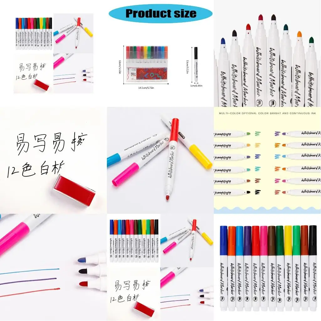 

12 Color Erasable Whiteboard Marker Water Based Inks Quick Drying 1.0mm Width
