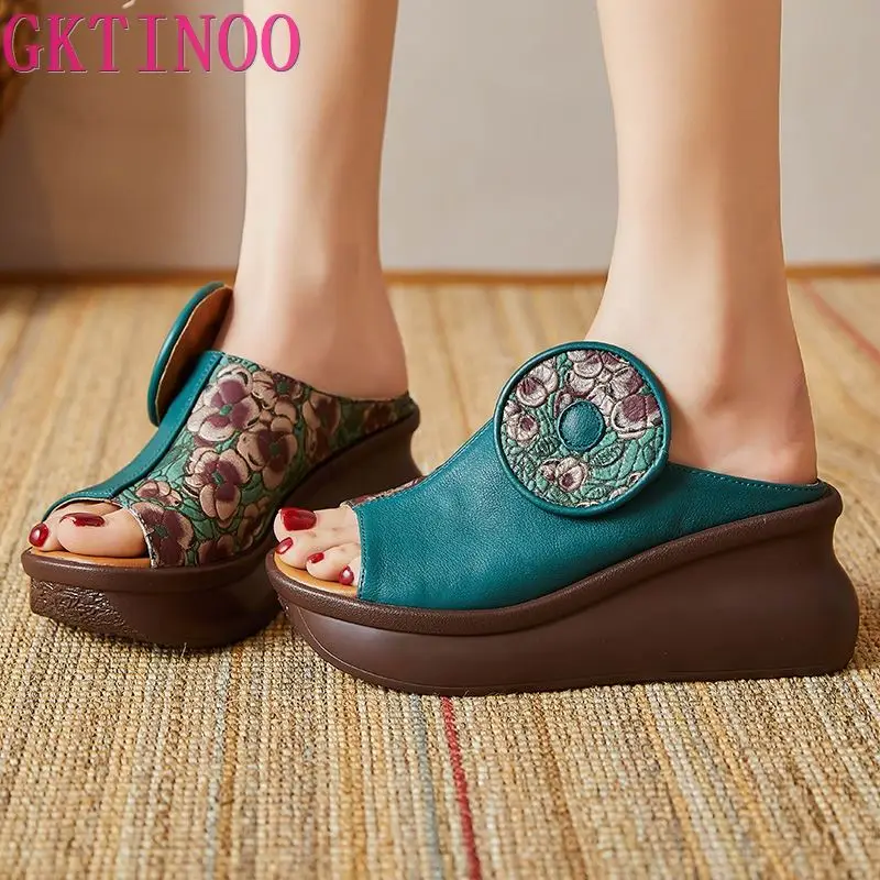 GKTINOO Fish-mouth Summer Genuine Leather Slippers Women Sandals 2024 New Platform Wedges Slippers Ethnic Sandals Women Shoes