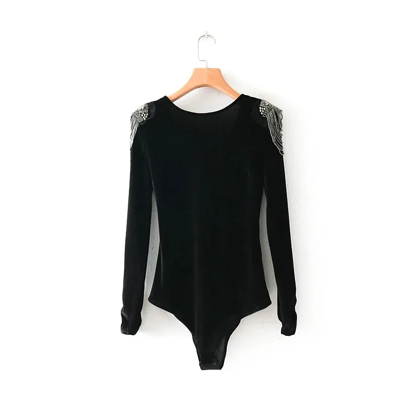 Women sexy cross v neck velvet bodysuit shirt women shoulder beading chic siamese blouse retro playsuits femininas blusas