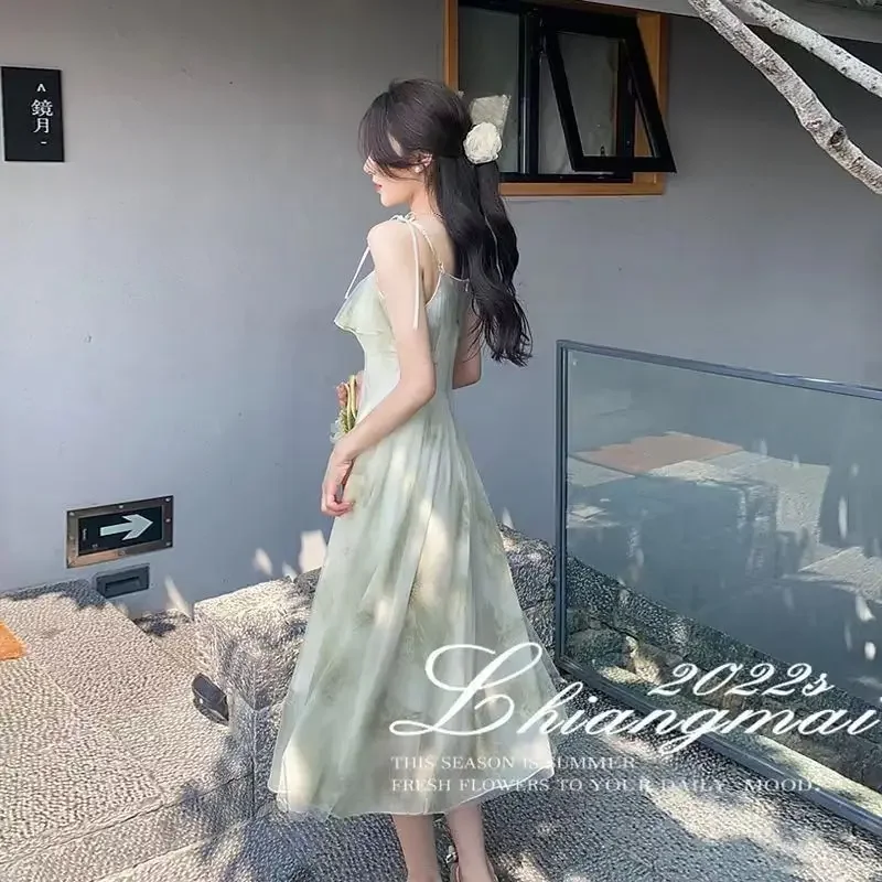 

2025 New Summer Sexy Strap Dress For Women Korean Style Women's Elegant Fairy Style Long Dress Sleeveless Beach Dresses