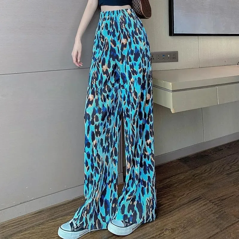 

Summer Draped Wide-leg Pants High-waisted Leopard Print Pleated Elasticated Waistband Slacks Loose Slim Floor-length Trousers