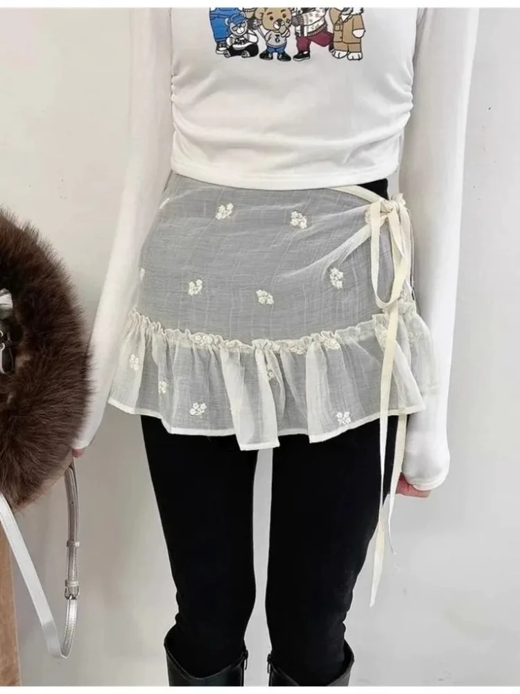 

Y2k милые юбки с цветочной вышивкой, прозрачная сетчатая юбка для женщин, новинка лета 2022, высокая талия на шнуровке Faldas Mujer