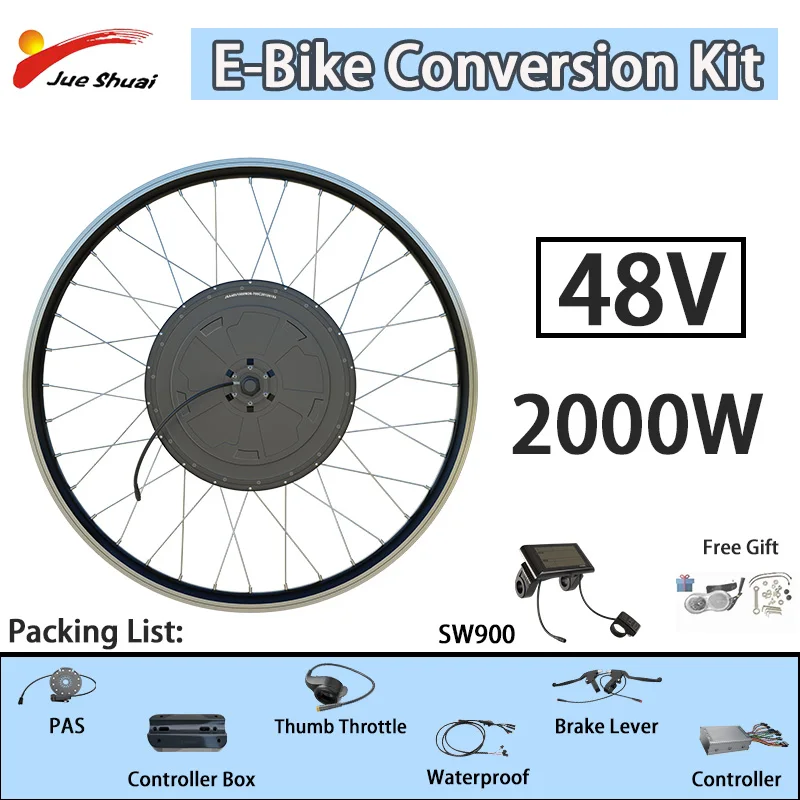 48V 2000W E-Bicycle Conversion Kit Rear Hub Motor Wheel Rated Speed 50-60KM/H E-Bike Conversion Kit Motor Wheel SW900LCD Display