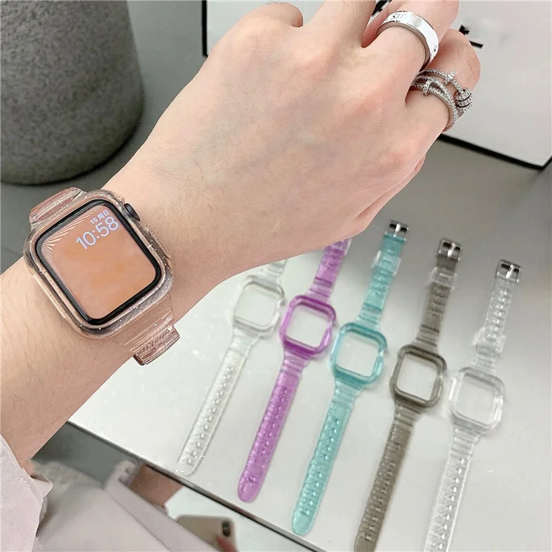 Slim Case + Band Voor Apple Horloge Band Glittery 41mm 49mm 40 44mm 42 Glitter Siliconen transparante Armband Voor iWatch 6 SE 7 Gevallen