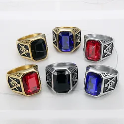 Punk Hip Hop Blue/Black/Red Stone Ring Men Women Fashion Retro Steel Color/Gold Letter G Masonic Ring Stainless Steel Jewelry