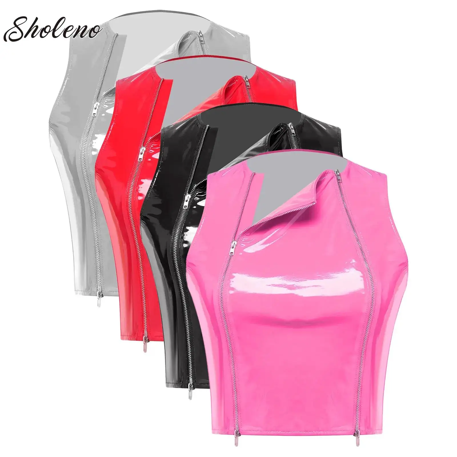 

Women Latex PU Leather Tank Top Crop Vest Party Glossy Front Dual Zippers Slim Fit Crop Top Waistcoat Night Rave Party Clubwear