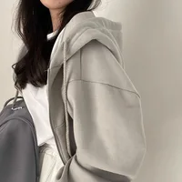 Korean Hood Shirt Women Fashion Fleece Lined Loose Hoodies Zipper Long Sleeve Crop Tops Harajuku Female Jackets Coats Sweatshirt - Image 3