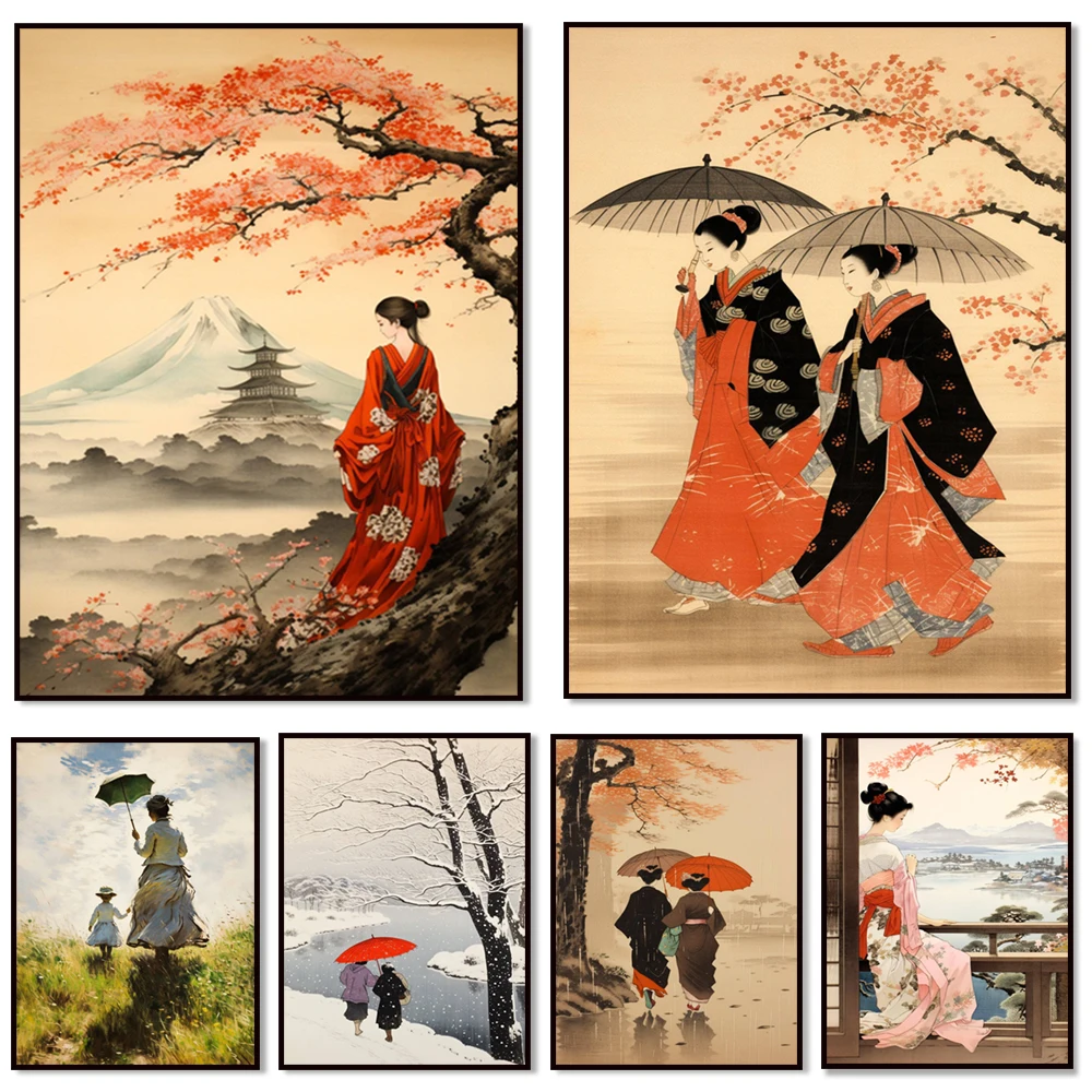 

Japanese poster, woman with umbrella and kimono, snow, Ogata gecko style, temple, Fuji, traditional print, oriental wall art