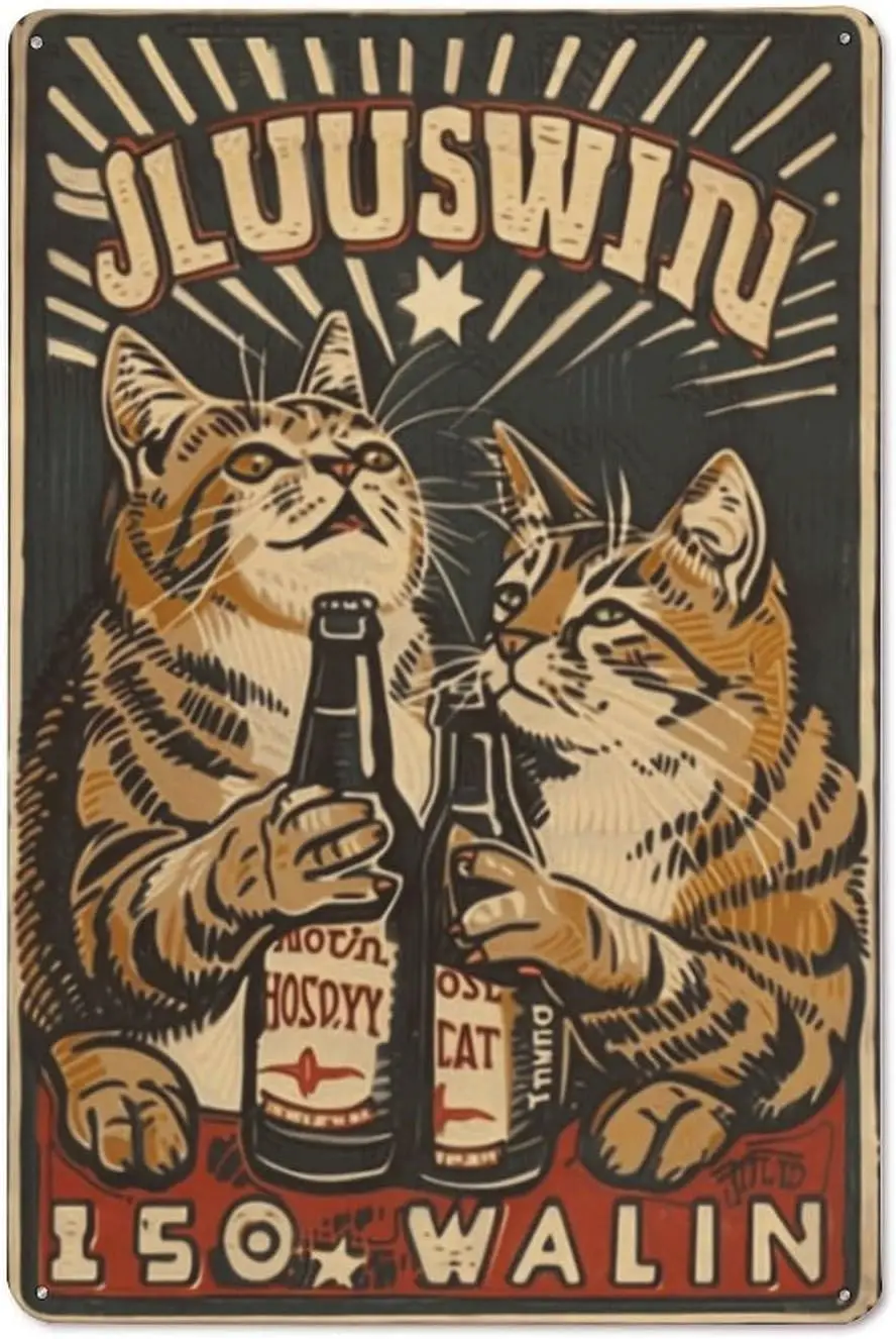 Retro Metal Signs FunnyTwo Cats Holding Beer Bottles PosterTin Sign Wall Art Poster for Home Kitchen Office Bar Restaurant  sign