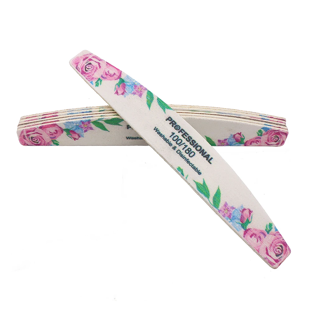 50Pcs Nail Supplies Nail Files For Manicure Double Sided 100/180 Grit White Sandpaper Printed Flower Wood Files Strip Nail Tools