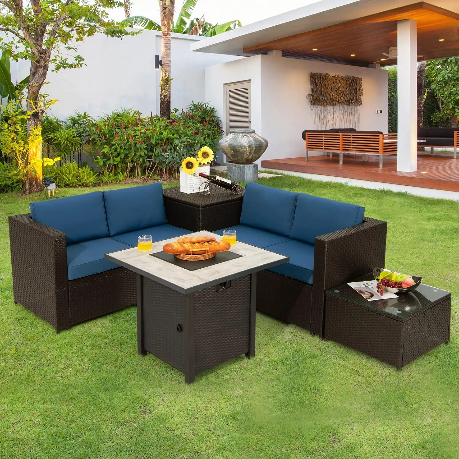 5 Piece Patio Set with 30in Fire Pit, Wicker Loveseat with 4in Cushions, 2 Side Tables, Backyard Conversation, Customized