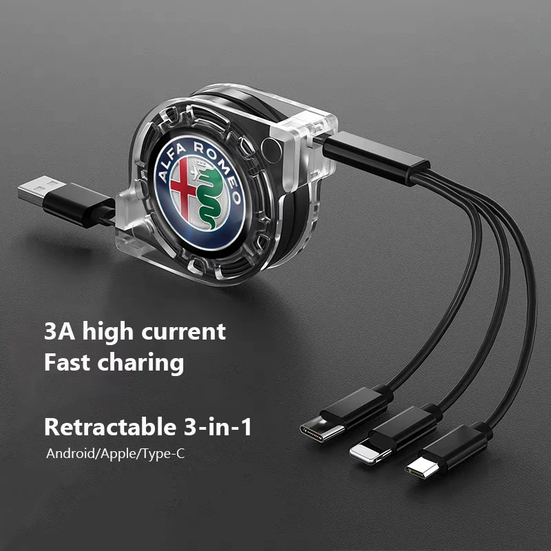 Cargador rápido 3 en 1, Cable de datos USB, accesorios para coche para Alfa Romeo Giulia Stelvio Giulietta 156 159 147 Mito Tonale Brera Disco V