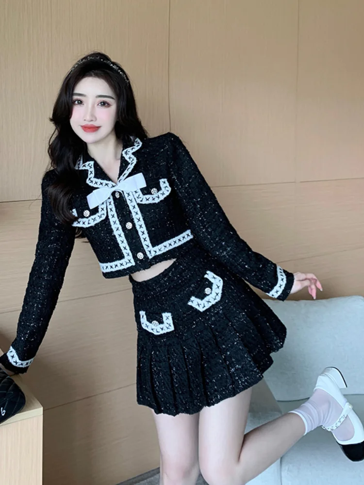 

French Elegant 2-Piece Set Autumn Winter New Small Fragrance Tweed Bow Splicing Short Suit Coat+High Waist Skirt Slim Sets Women