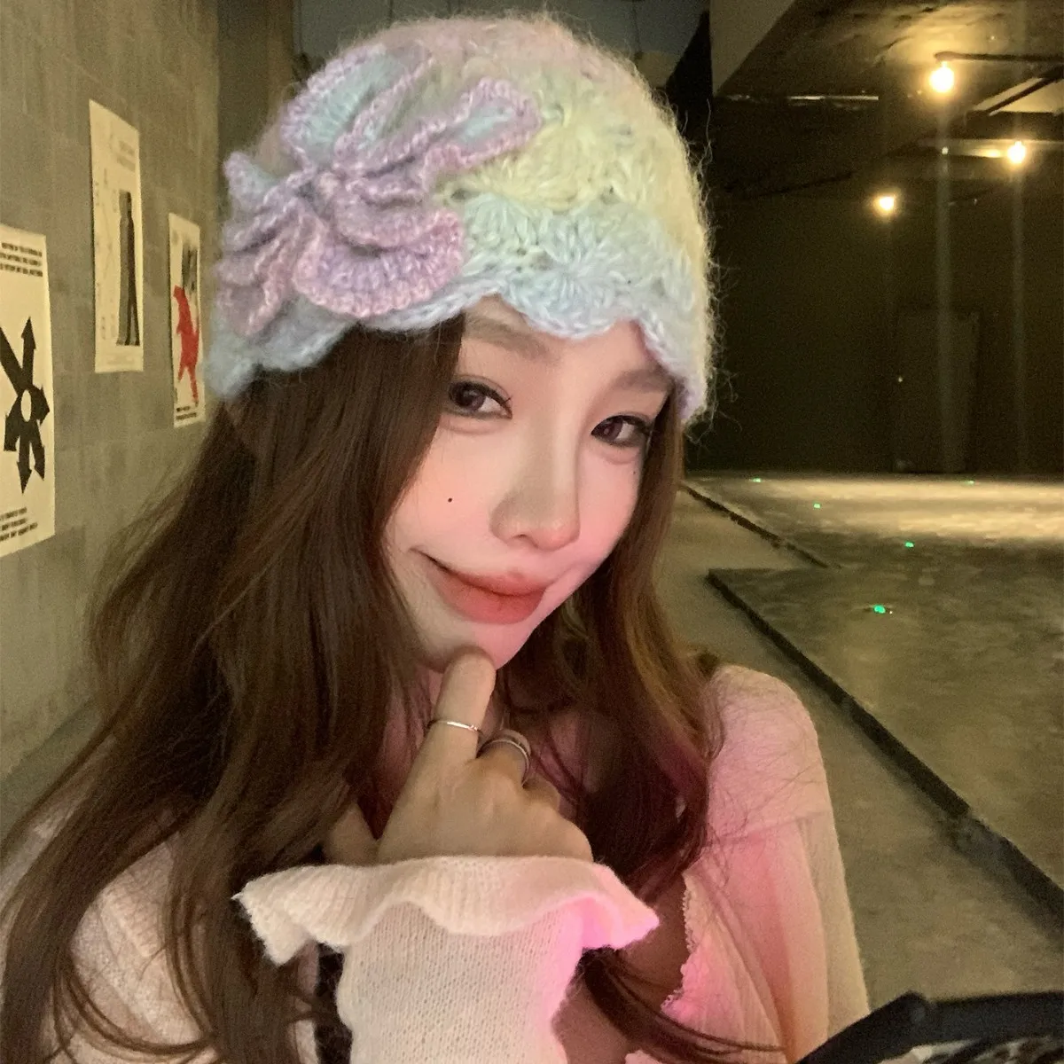 Ladies' Colorful Gradient Handmade Crochet Hat Fashionable Flower Hollow Knitted Toe Cap Autumn And Winter Warm Woolen Cold Hat