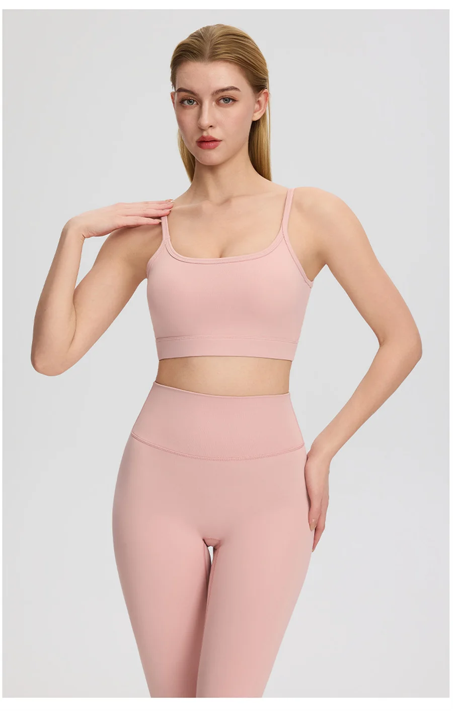 2-teiliges Damen-Yoga-Set mit dünnen Trägern, Sport-BH, hochtaillierten, eng anliegenden Leggings, einfarbig, weich, dehnbar, Fitness, Gym, Pilates, Activewear-Outfit – Detail 7