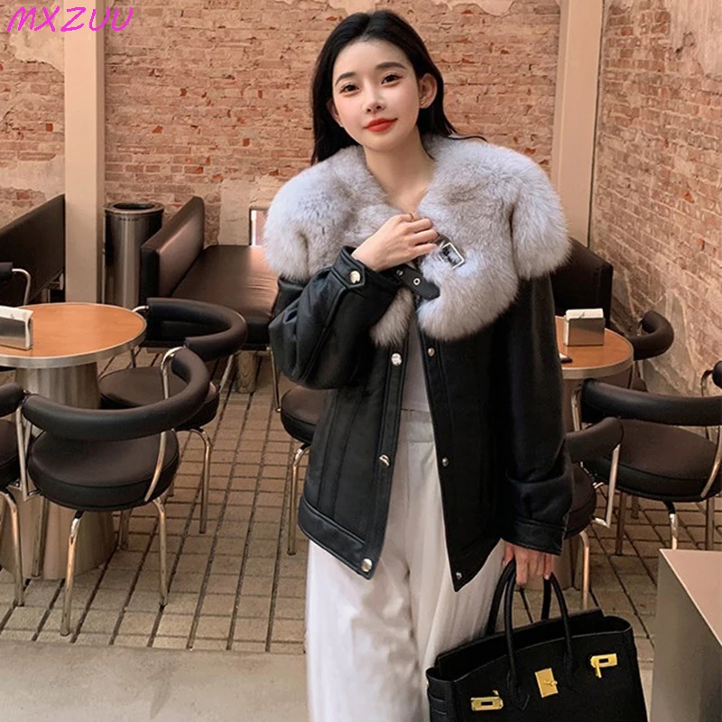 Fur Jacket for Women Winter Merino Sheepskin Stitching Fox Fur Sailor Collar Keep Warm Fashion Short Locomotive Chaqueta Mujer