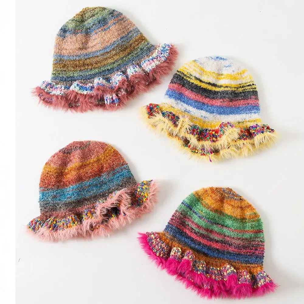 Fashion Crochet Knitted Knit Buket Hat Rainbow Stripe Winter Warm Soft Woolen Hat Beanie Cap Autumn