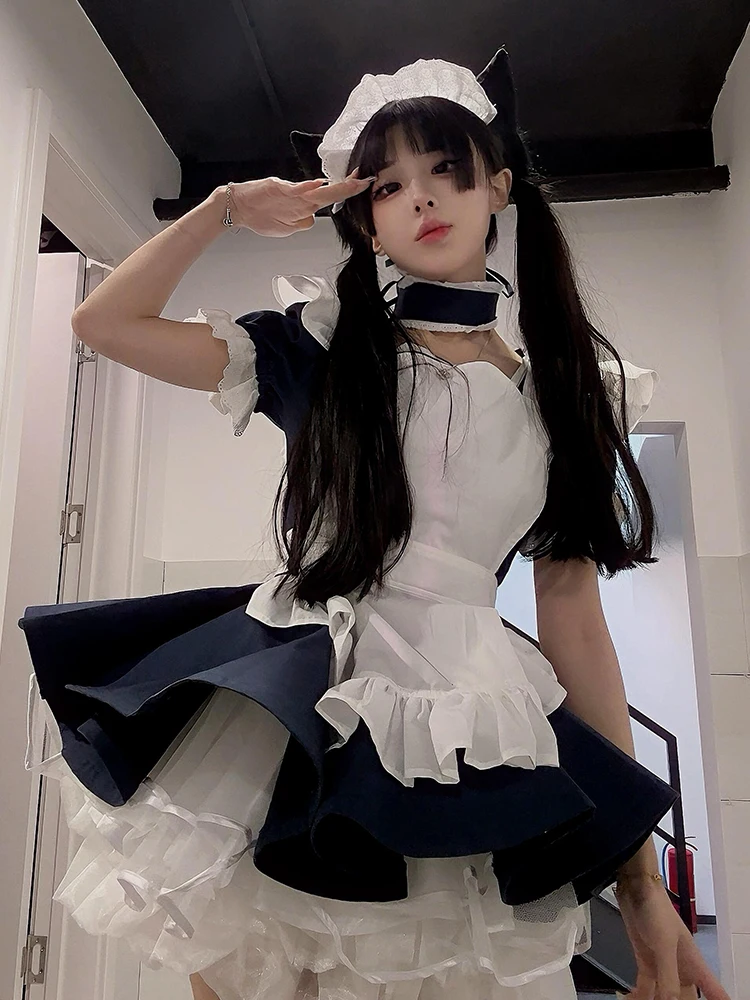 

Sweet Girl Maid Uniform Cosplay Soft Ruffle Waist Cinched Dress Two Piece Set Women's Fashion Ensemble Spring Season