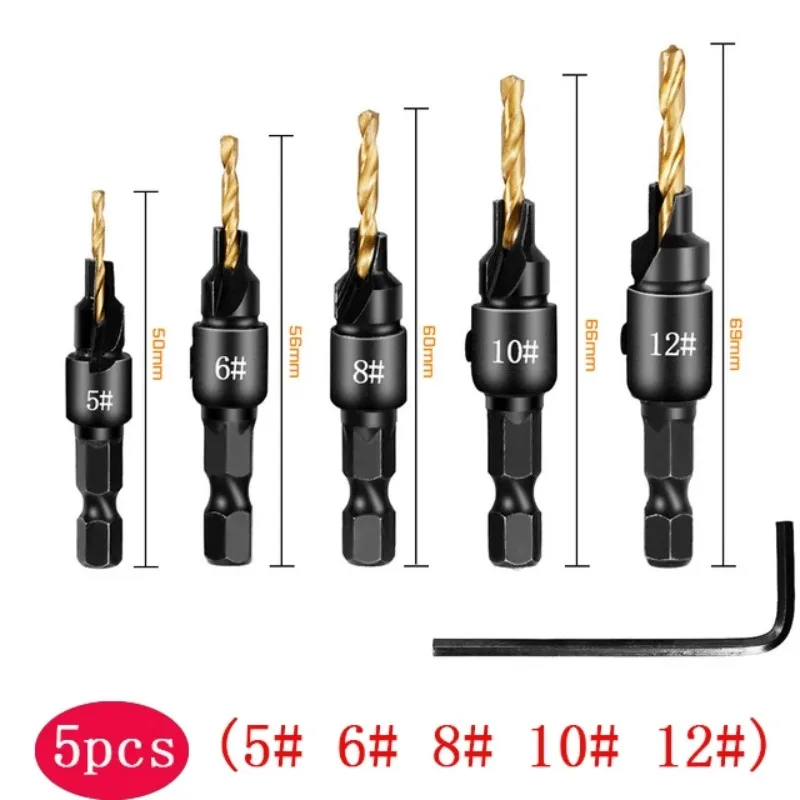 

BIESUO 1/4 Hex Shank Countersink Drill Woodworking Drill Bit Set Drilling Pilot Holes for Screw Sizes #5 #6 #8 #10 #12