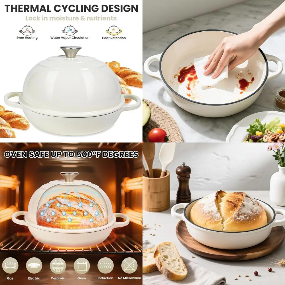 

Эмалированная чугунная хлебница с купольной крышкой, безопасная в духовке до 500 лет. ° F, 6-литровый, белый