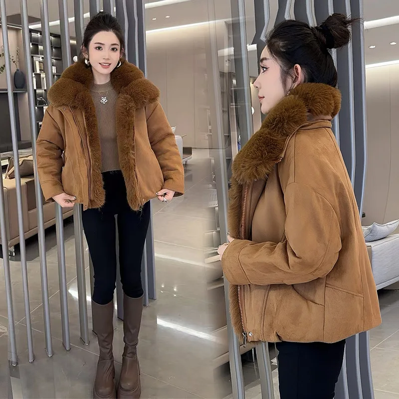 Winter Women Parkas Short Deerskin Fleece Jacket Coat Removable Large Fur Collar Warm Cotton Padded Jacket Female Outerwear