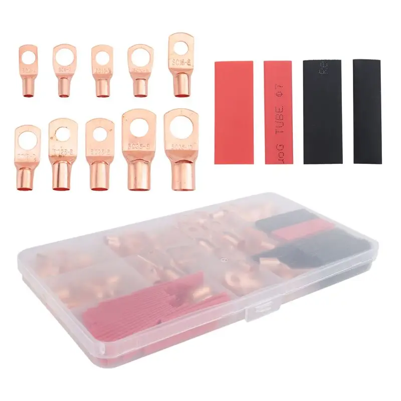 ABJI-120Pcs Copper Wire Terminal Connectors, AWG 2 4 6 8 10 12 Ring Lug Kit With 60Pcs Heat Shrink 60Pcs Battery Cable Lugs