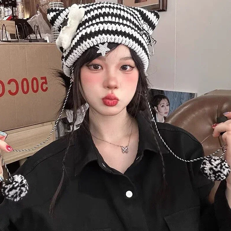 Gorro de punto del pequeño diablo para mujer y niña, gorro de lana a rayas con estrellas Y2K Punk, gorro más cálido con orejas de gato, ropa de calle