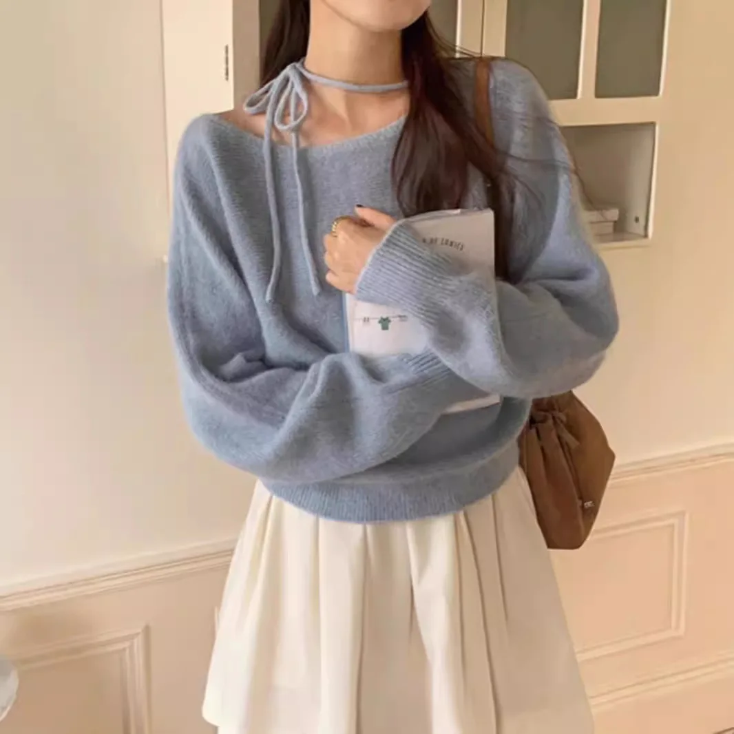 

Пуловер с воротником-халтер, женский осенне-зимний темперамент, мягкая восковая вязаная куртка на шнуровке с нежным ветром, топ