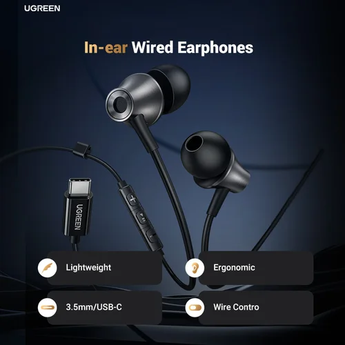 Imagen 2 del producto UGREEN Auriculares con cable USB tipo C de 3,5 mm con micrófono, auriculares con cable en la oreja Estéreo HiFi, para la mayoría con conector de 3,5 mm