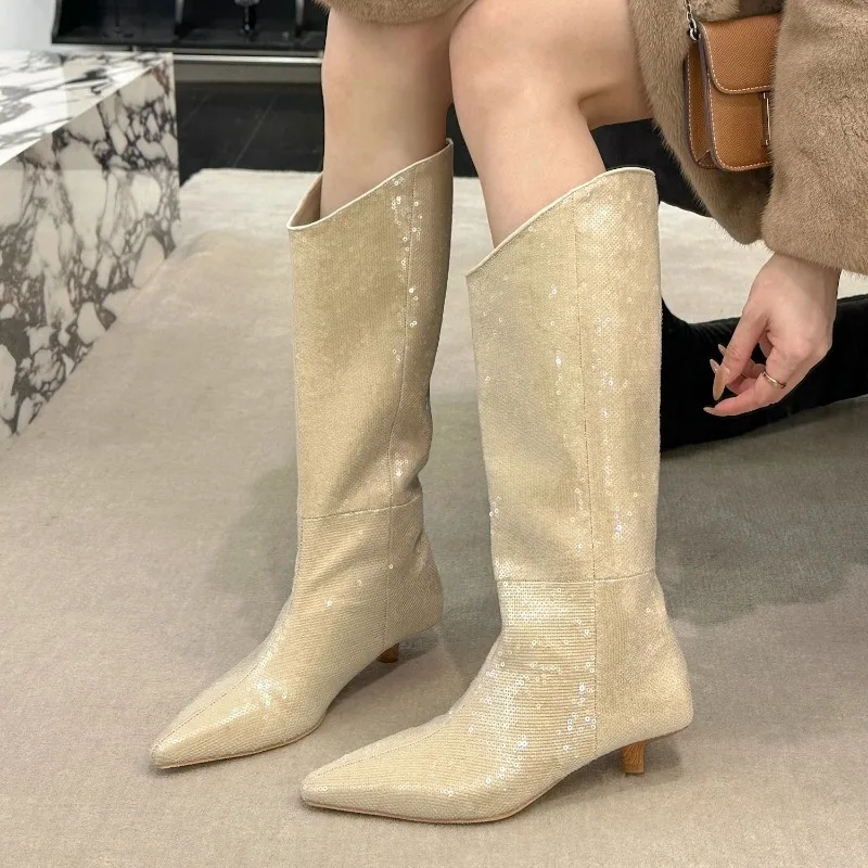 

Designer Brand Zapatos De Mujer Fashion Sequin Women's High Boots New Stiletto Boots for Women Hot Selling