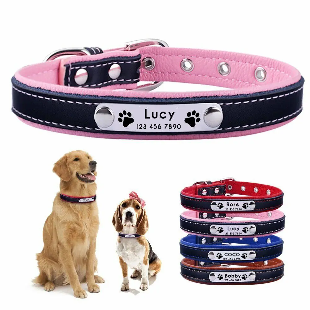 

Personalised Dog Collar Leather Cat Custom Engraved ID Name Tag Small Large Pet Dog Name Tag Pet Collars Pet Accessories