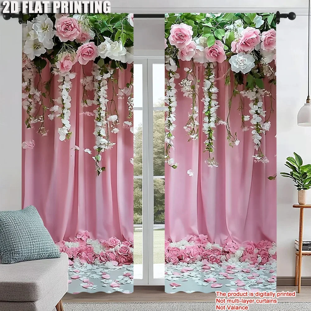 2Pcs Pink Floral Window Curtain For Wedding Holiday Festival Birthday Party Decorations Flower Theme Window Drapes Polyester